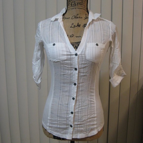 NWT Guess white cotton button up shirt top XS extra small - Picture 2 of 7